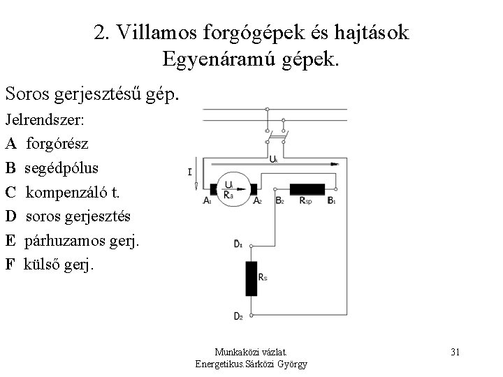 2. Villamos forgógépek és hajtások Egyenáramú gépek. Soros gerjesztésű gép. Jelrendszer: A forgórész B