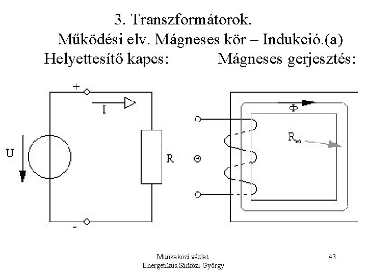 3. Transzformátorok. Működési elv. Mágneses kör – Indukció. (a) Helyettesítő kapcs: Mágneses gerjesztés: Munkaközi