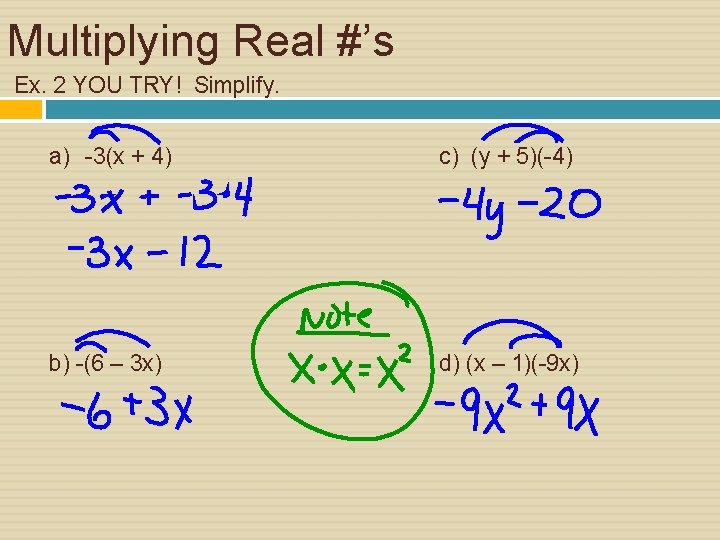 Multiplying Real #’s Ex. 2 YOU TRY! Simplify. a) -3(x + 4) c) (y