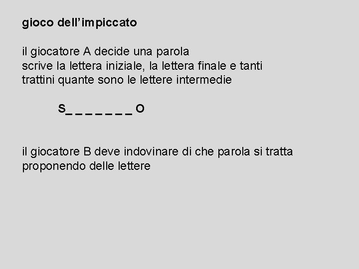 gioco dell’impiccato il giocatore A decide una parola scrive la lettera iniziale, la lettera