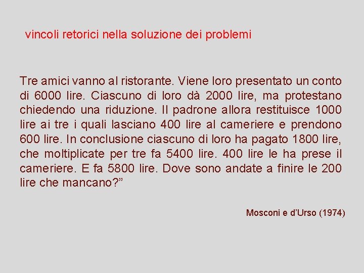 vincoli retorici nella soluzione dei problemi Tre amici vanno al ristorante. Viene loro presentato