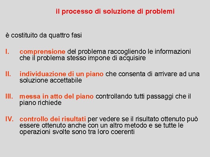 il processo di soluzione di problemi è costituito da quattro fasi I. comprensione del