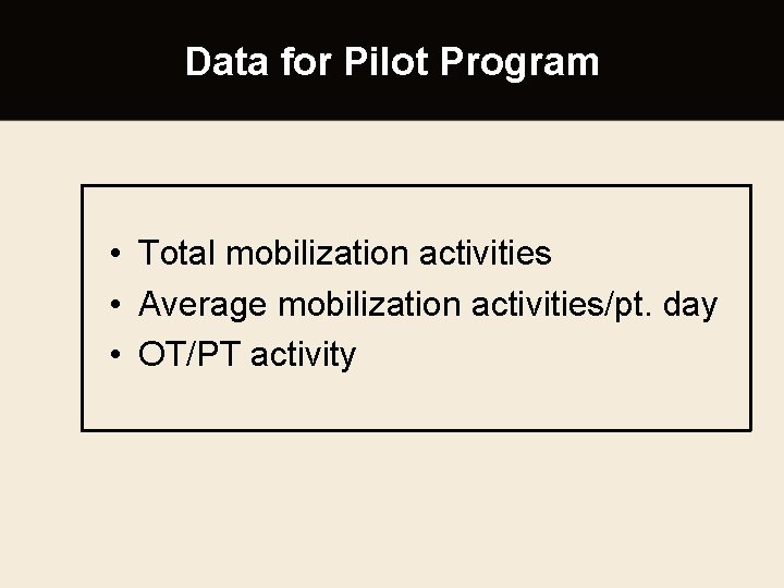 Data for Pilot Program • Total mobilization activities • Average mobilization activities/pt. day •