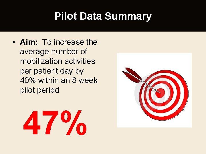 Pilot Data Summary • Aim: To increase the average number of mobilization activities per