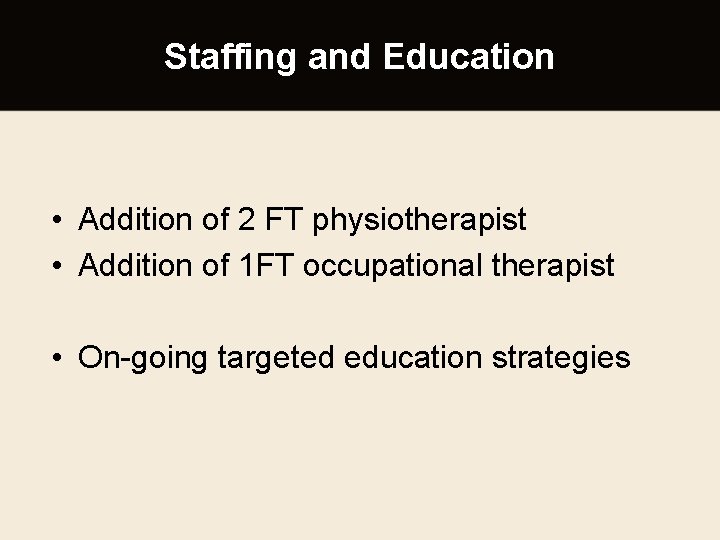 Staffing and Education • Addition of 2 FT physiotherapist • Addition of 1 FT