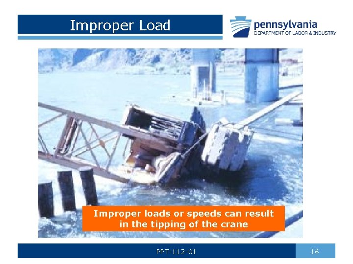 Improper Load Improper loads or speeds can result in the tipping of the crane