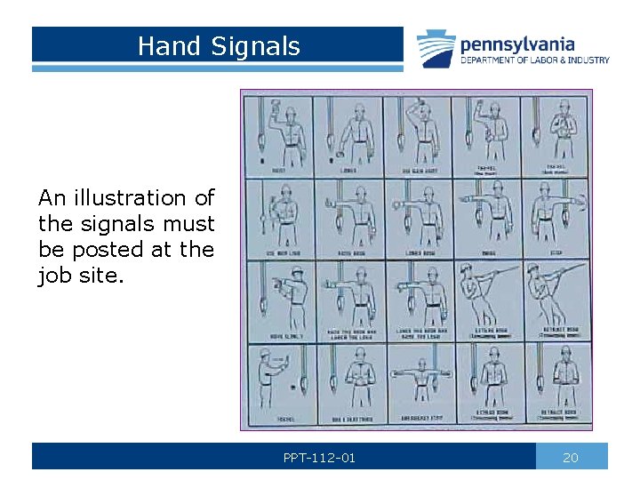 Hand Signals An illustration of the signals must be posted at the job site.