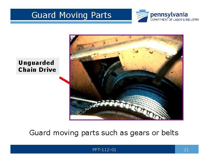 Guard Moving Parts Unguarded Chain Drive Guard moving parts such as gears or belts