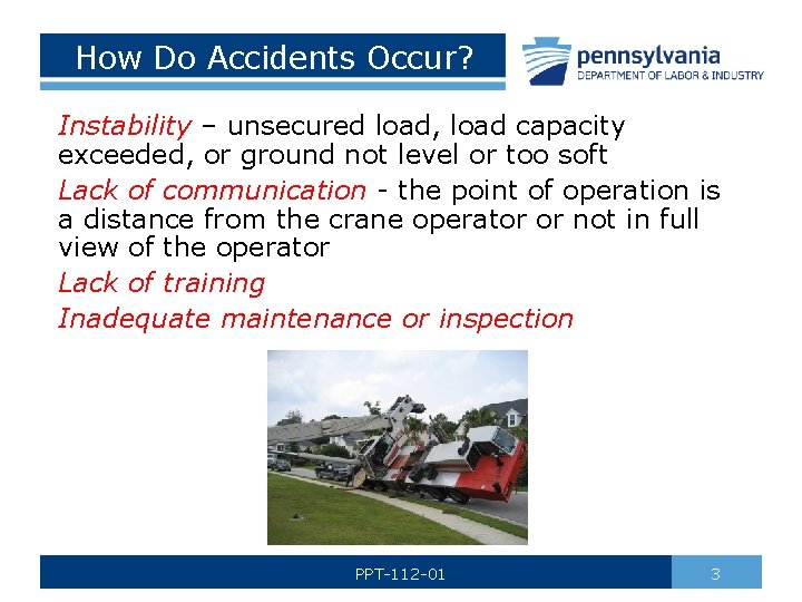 How Do Accidents Occur? Instability – unsecured load, load capacity exceeded, or ground not