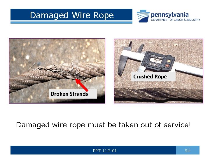 Damaged Wire Rope Crushed Rope Broken Strands Damaged wire rope must be taken out