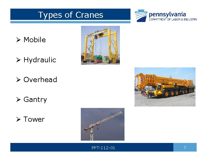 Types of Cranes Ø Mobile Ø Hydraulic Ø Overhead Ø Gantry Ø Tower PPT-112