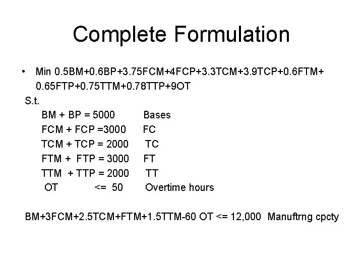 Complete Formulation • Min 0. 5 BM+0. 6 BP+3. 75 FCM+4 FCP+3. 3 TCM+3.