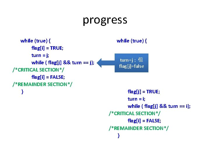 progress while (true) { flag[i] = TRUE; turn = j; while ( flag[j] &&