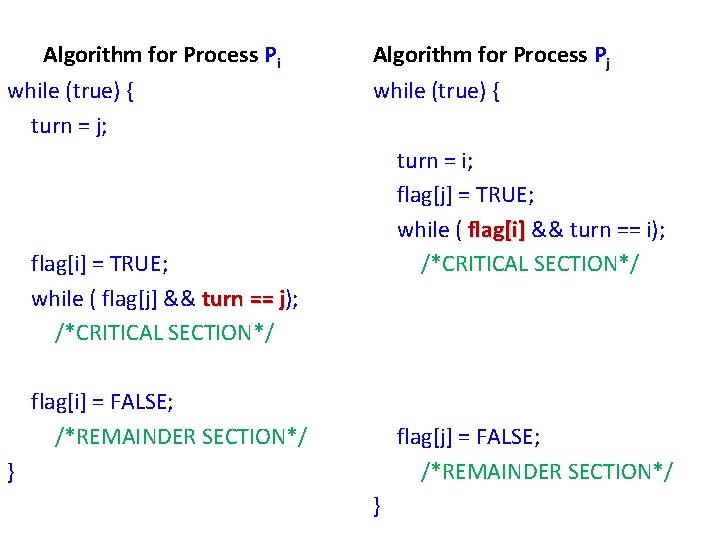 Algorithm for Process Pi while (true) { 　turn = j; 　 　 　flag[i] =