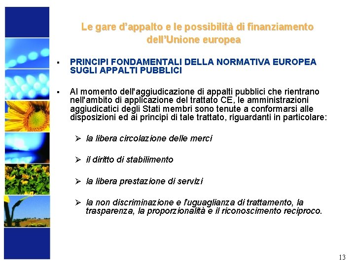  Le gare d’appalto e le possibilità di finanziamento dell’Unione europea § PRINCIPI FONDAMENTALI