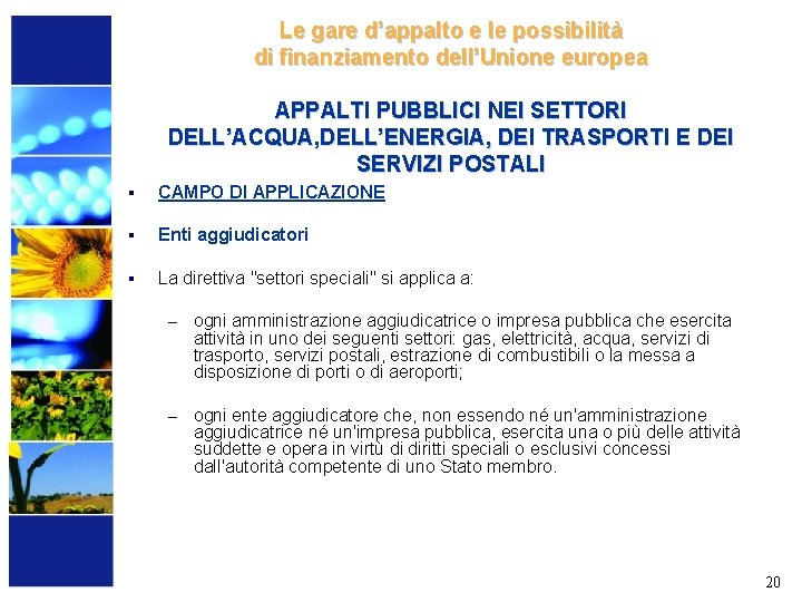 Le gare d’appalto e le possibilità di finanziamento dell’Unione europea APPALTI PUBBLICI NEI SETTORI