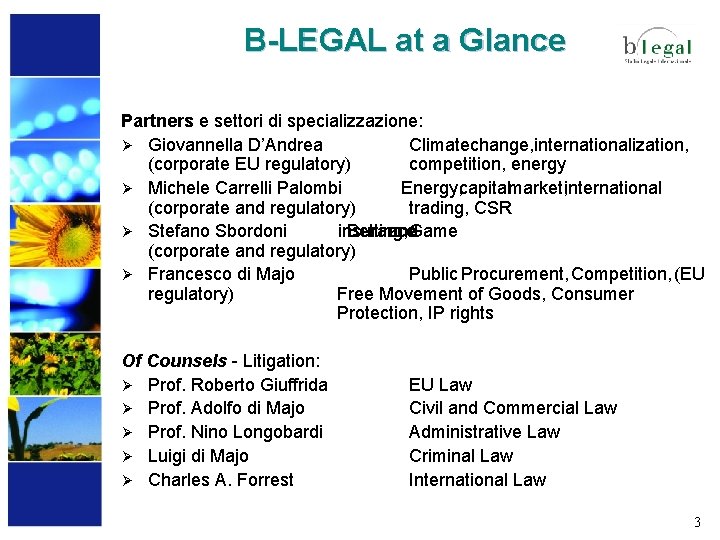 B-LEGAL at a Glance Partners e settori di specializzazione: Ø Giovannella D’Andrea Climate change,