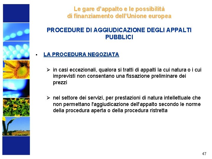 Le gare d’appalto e le possibilità di finanziamento dell’Unione europea PROCEDURE DI AGGIUDICAZIONE DEGLI