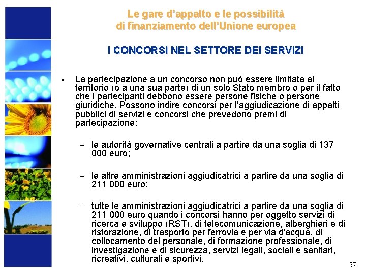 Le gare d’appalto e le possibilità di finanziamento dell’Unione europea I CONCORSI NEL SETTORE