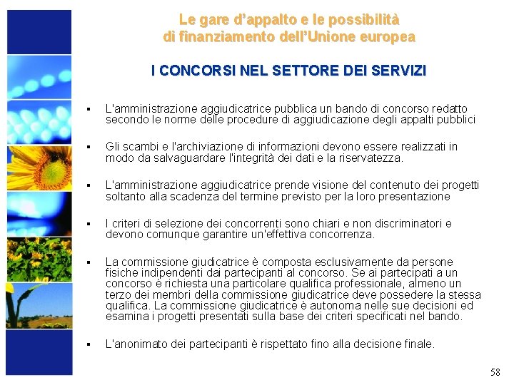 Le gare d’appalto e le possibilità di finanziamento dell’Unione europea I CONCORSI NEL SETTORE