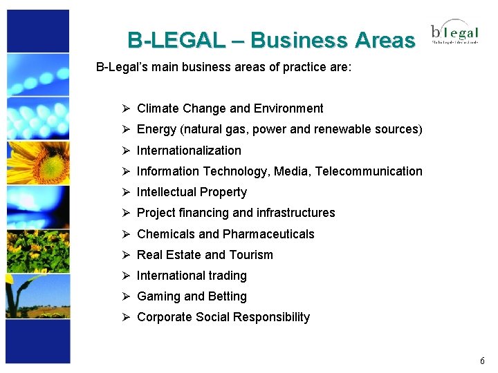 B-LEGAL – Business Areas B-Legal’s main business areas of practice are: Ø Climate Change