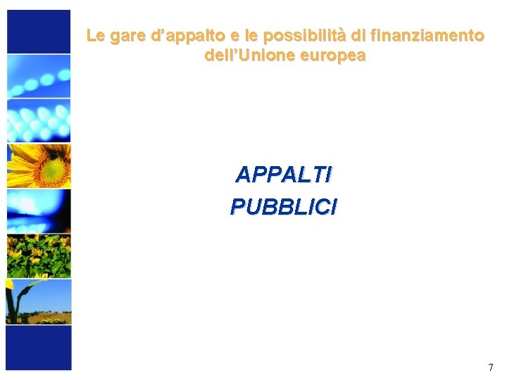 Le gare d’appalto e le possibilità di finanziamento dell’Unione europea APPALTI PUBBLICI 7 