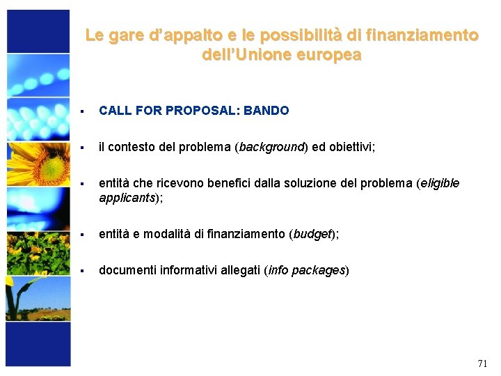 Le gare d’appalto e le possibilità di finanziamento dell’Unione europea § CALL FOR PROPOSAL: