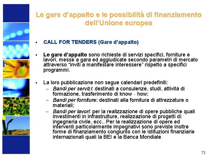 Le gare d’appalto e le possibilità di finanziamento dell’Unione europea § CALL FOR TENDERS