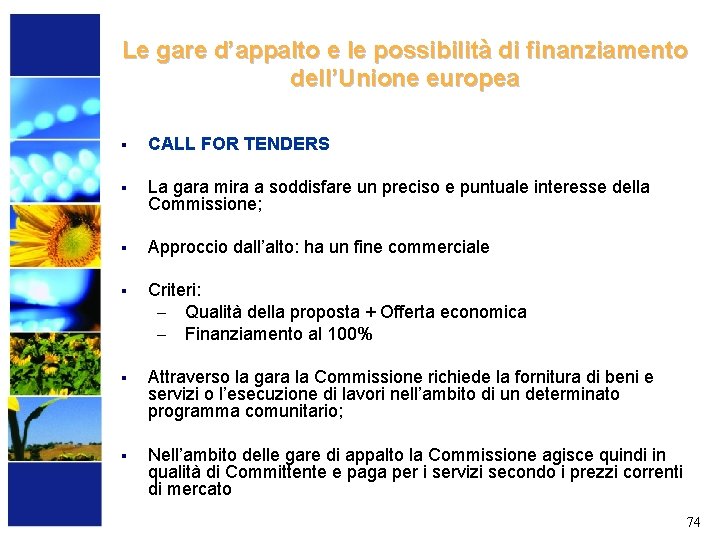 Le gare d’appalto e le possibilità di finanziamento dell’Unione europea § CALL FOR TENDERS
