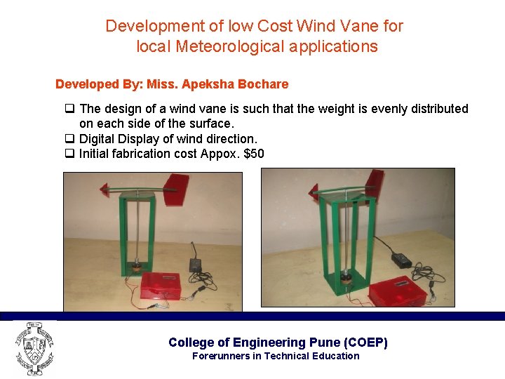 Development of low Cost Wind Vane for local Meteorological applications Developed By: Miss. Apeksha
