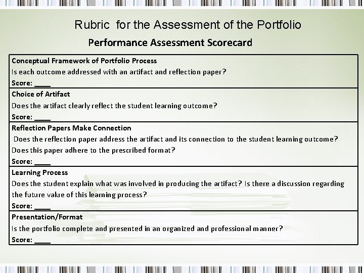 Rubric for the Assessment of the Portfolio Performance Assessment Scorecard Conceptual Framework of Portfolio
