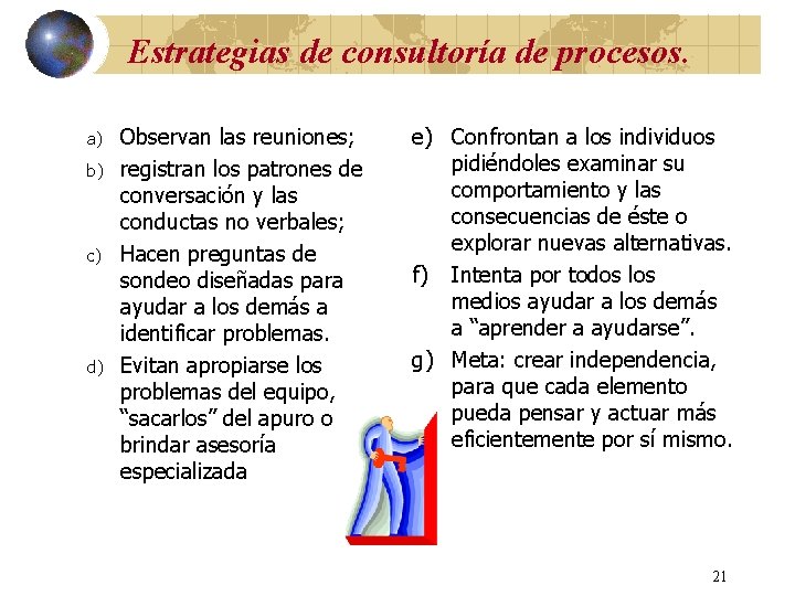 Estrategias de consultoría de procesos. a) b) c) d) Observan las reuniones; registran los