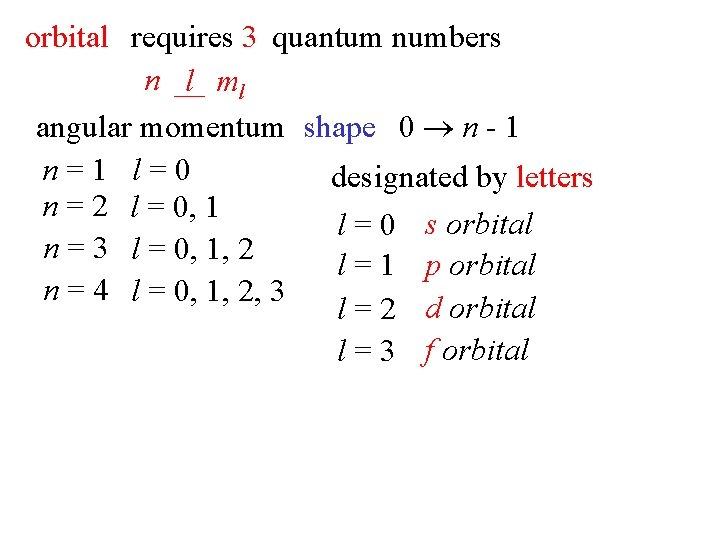 orbital requires 3 quantum numbers n l ml angular momentum shape 0 n -