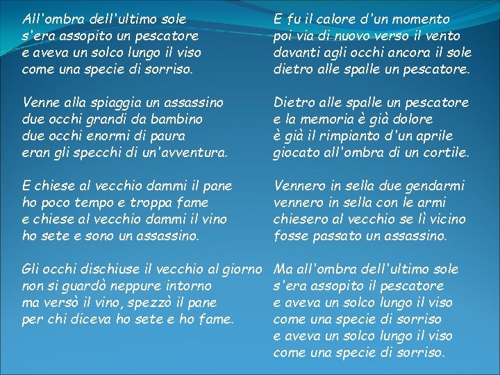 All'ombra dell'ultimo sole s'era assopito un pescatore e aveva un solco lungo il viso All'ombra dell'ultimo sole s'era assopito un pescatore e aveva un solco lungo il viso