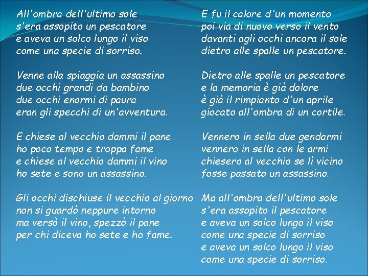 All'ombra dell'ultimo sole s'era assopito un pescatore e aveva un solco lungo il viso