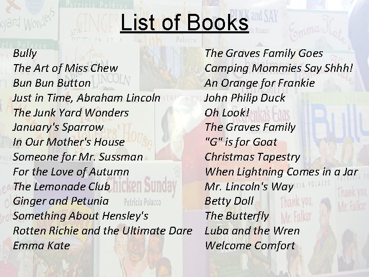 List of Books Bully The Art of Miss Chew Bun Button Just in Time,