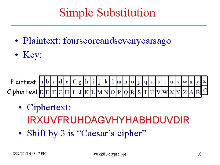 Simple Substitution • Plaintext: fourscoreandsevenyearsago • Key: Plaintext a b c d e f Simple Substitution • Plaintext: fourscoreandsevenyearsago • Key: Plaintext a b c d e f