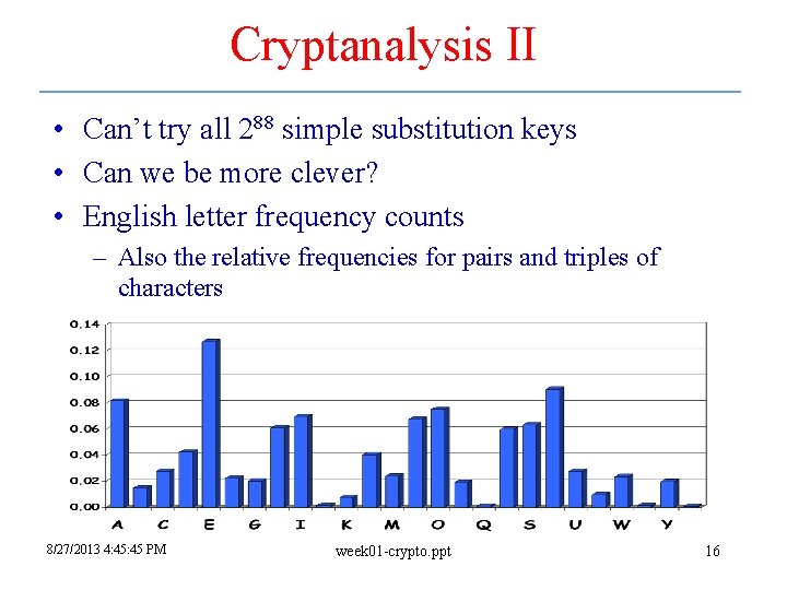 Cryptanalysis II • Can’t try all 288 simple substitution keys • Can we be