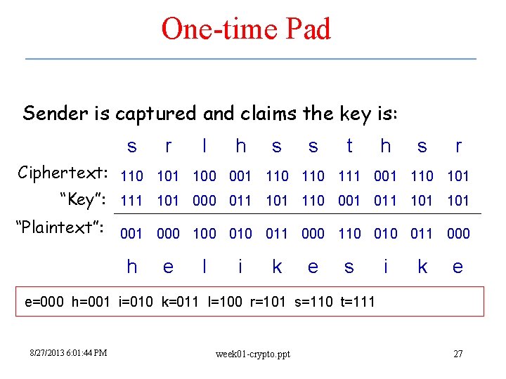 One-time Pad Sender is captured and claims the key is: s r l h One-time Pad Sender is captured and claims the key is: s r l h