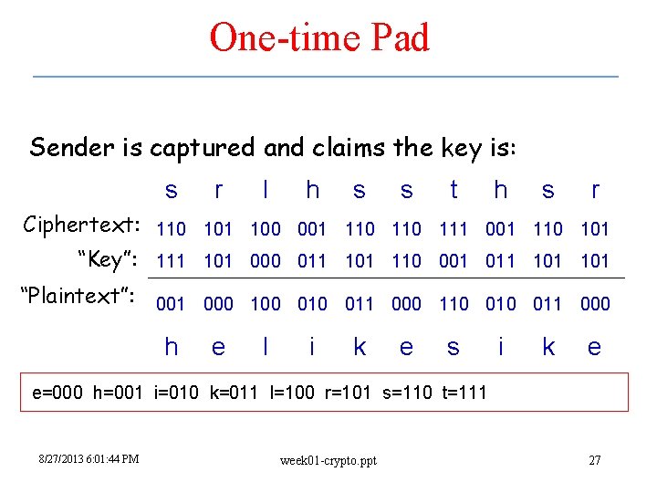 One-time Pad Sender is captured and claims the key is: s r l h