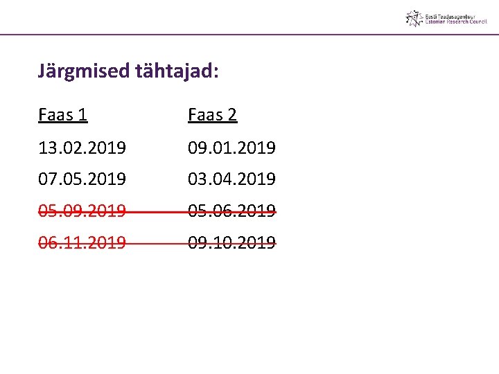 Järgmised tähtajad: Faas 1 Faas 2 13. 02. 2019 09. 01. 2019 07. 05.