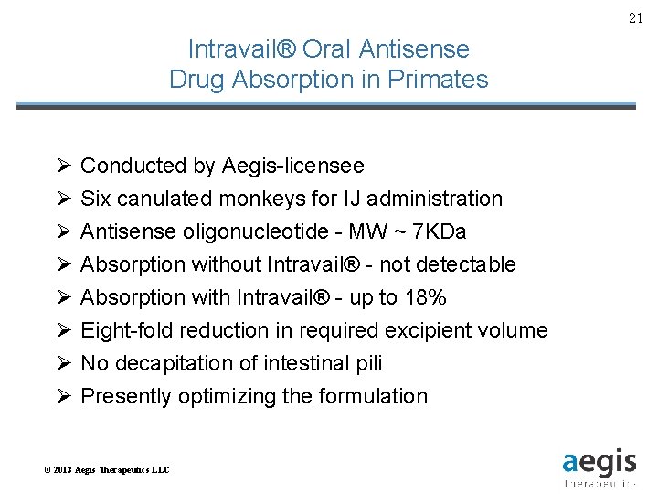 21 Intravail® Oral Antisense Drug Absorption in Primates Ø Ø Ø Ø Conducted by