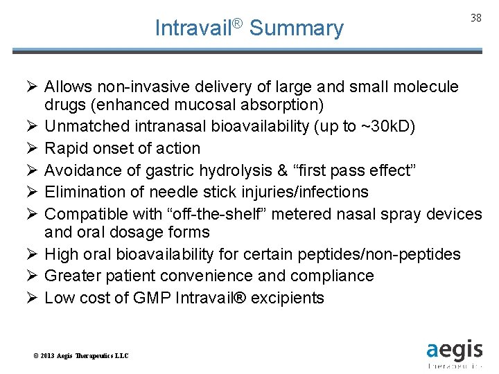 Intravail® Summary 38 Ø Allows non-invasive delivery of large and small molecule drugs (enhanced