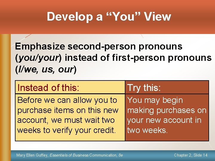 Develop a “You” View Emphasize second-person pronouns (you/your) instead of first-person pronouns (I/we, us,