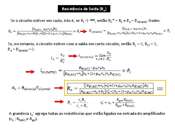 Resistência de Saída (Ro) Se o circuito estiver em vazio, isto é, se RL