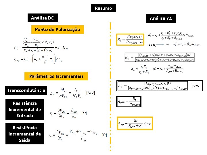 Resumo Análise DC Análise AC Ponto de Polarização Parâmetros Incrementais Transcondutância Resistência Incremental de