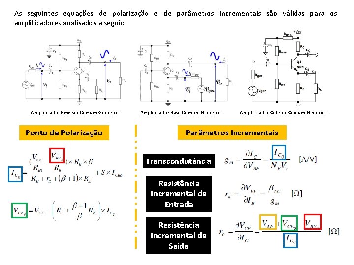 As seguintes equações de polarização e de parâmetros incrementais são válidas para os amplificadores