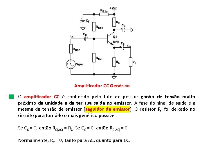 Amplificador CC Genérico O amplificador CC é conhecido pelo fato de possuir ganho de