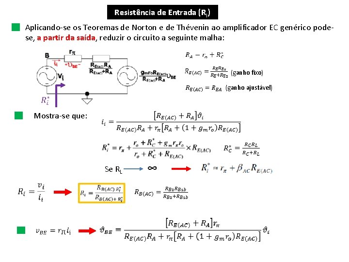 Resistência de Entrada (RI) Aplicando-se os Teoremas de Norton e de Thévenin ao amplificador