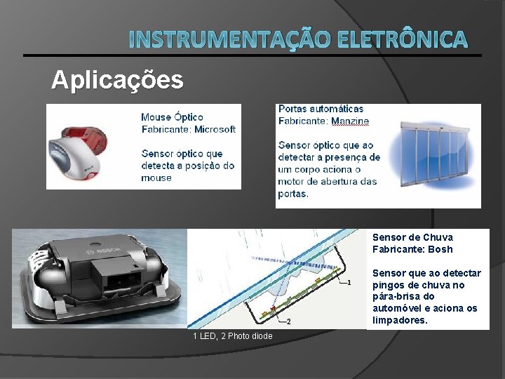 INSTRUMENTAÇÃO ELETRÔNICA Aplicações Sensor de Chuva Fabricante: Bosh Sensor que ao detectar pingos de